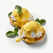 Delicious eggs benedict on a plate. A classic breakfast dish, ideal for use in food, cuisine, and breakfast-related contexts