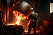 Steel mill, furnaces, iron, worker, steel production. Ai generative