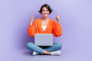 Poster - Full length photo cadre of optimistic programmer attractive girl indicate fingers up use laptop new app promo isolated on violet color background
