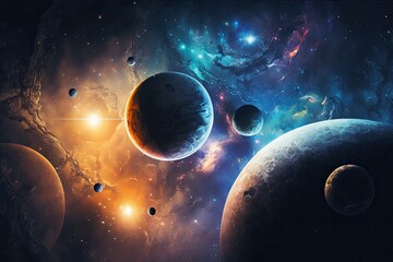 Poster - panorama planets, stars, and galaxies in an outer space background. layout for a banner. there are a