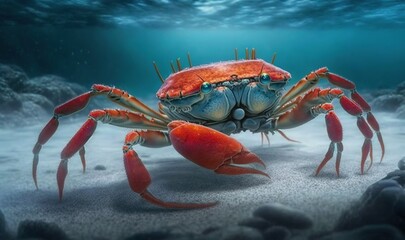 Poster -  a crab is walking on the sand under the water and rocks.  generative ai