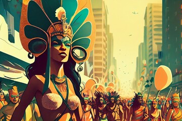 Wall Mural - Carnival Parade On The Street In Rio De Janeiro, Art Illustration. Generative AI