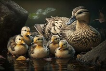 Mama Duck And Her Brood Of Ducklings. Generative AI