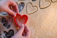 Cooking Heart Shaped Cookies In Dough Closeup