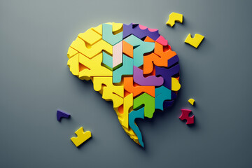 Wall Mural - Brain shape made from wooden puzzle blocks. Logical thinking side of the brain. Generative ai