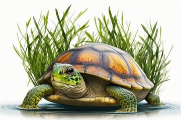 Canvas Print - Tortoise Testudo hermanni against a pure white background. Generative AI