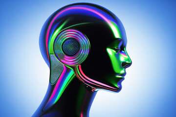 Abstract 3D illustration of holographic human face in space, robotic head made of glossy iridescent material. Artificial intelligence concept. generated with generative ai