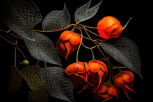 Vibrant Orange Decorative Abstracted Japanese Lantern Branchshot Against A Black Background. 