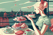 Stylishly Dressed Woman Having Afternoon Tea In The City.
