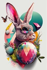 Wall Mural - Easter creative retro, contemporary abstract pop art collage style of colorful, vivid eggs, rabbit and spring elements and traditional symbols background. Generative AI.