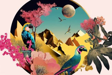 Wall Mural - Colorful vivid vintage background. Creative retro but contemporary abstract pop art collage style of Spring mountains and flowers concept, flora and fauna. Generative AI.