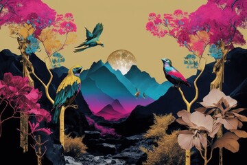 Wall Mural - Colorful vivid vintage background. Creative retro but contemporary abstract pop art collage style of Spring mountains and flowers concept, flora and fauna. Generative AI.