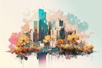 Wall Mural - Pastel pink watercolor illustration, combination of urban, modern city buildings and fresh spring flowers on white background. A combination of nature and architecture. Generative AI.