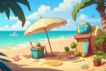 Wall Mural - cute cartoon beach created using AI Generative Technology