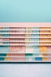 © Uncanny Valley - Pastel creative concept of a huge supermarket, shopping center full of people and products on racks and shelves. Illustration. Generative AI.