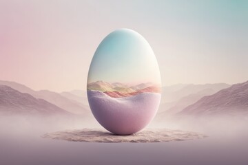 Wall Mural - Abstract creative Easter concept of painted pastel egg in the desert. Holidays on the hot sand under the clear blue sky. Generative AI.