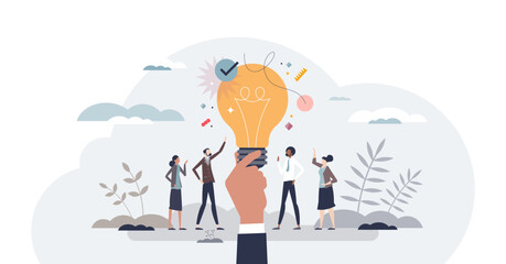 Wall Mural - Business ideas with creative and innovative company plans tiny person concept, transparent background. Successful solution with cooperative advice illustration. Opportunity for new startup project.