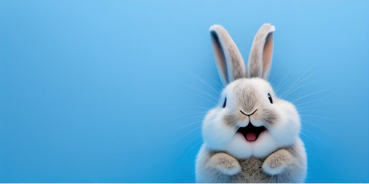 cute animal pet rabbit or bunny white color smiling and laughing isolated with copy space for easter