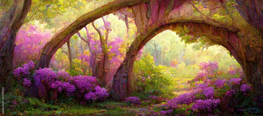 Enchanting surreal forest of purple and pink cherry tree blossoms ...