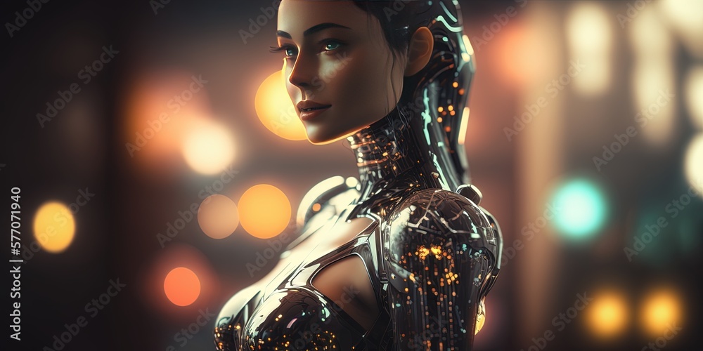 artificial intelligent female cyborg, female meta human in blurred ...