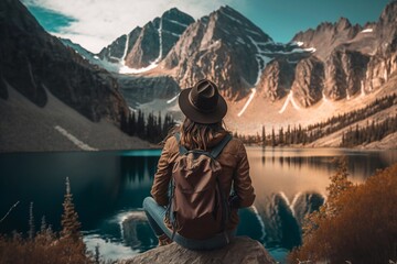 Woman sitting in front of a lake, adventure, Generative AI