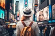 Female tourist at Times Square New York, USA. Generative AI