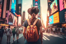 Back View Of Tourist Woman In Summer Dress With Backpack On The Background On Times Square. Generative AI