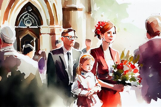 Wholesome scene of a bride and groom at the wedding celebration with family. AI Generative Art.