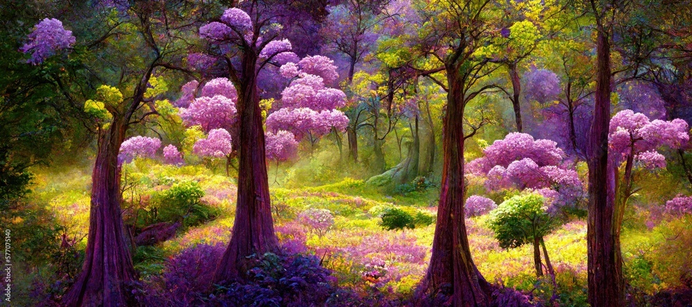 Enchanting surreal forest of purple and pink cherry tree blossoms ...