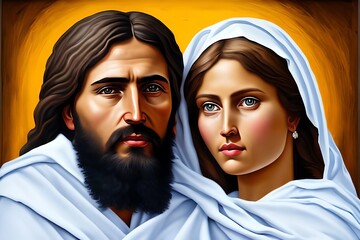 Wall Mural - Oil Paint of Jesus Christ and womanon a white isolated background. For postcards, churches, Easter. Generative AI