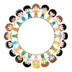 Funny cartoon group of Kids standing around empty circle poster vector illustration Isolated on white background