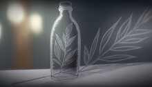  A Glass Bottle With A Plant Inside Of It On A Wooden Table With A Blurry Light Coming From The Top Of The Bottle Behind It.  Generative Ai