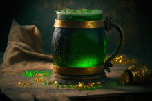 Pot Of Gold. A Refreshing Green Jelly With Scattered Golden Coins, Jar And Rustic Wooden Table. St. Patrick's And Gold Coins, Clover On The Table, Lucky St. Patrick's Day Background. Ai Generate