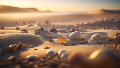  a bunch of rocks and shells in the sand at sunset or sunrise time, with a blurry background of sand dunes and a body of water in the distance.  generative ai