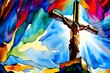Stained glass of People at the Cross of Jesus Christ. Watercolor christian banner. Generative AI