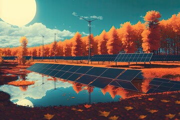 Wall Mural - Exact Solar Power Plant Autumn Scene. Generative AI