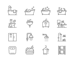 bathroom icon collection containing 16 editable stroke icons. perfect for logos, stats and infograph