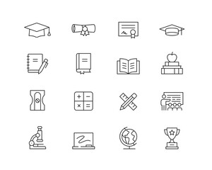 Education Icon collection containing 16 editable stroke icons. Perfect for logos, stats and infographics. Change the thickness of the line in Adobe Illustrator (or any vector capable app).