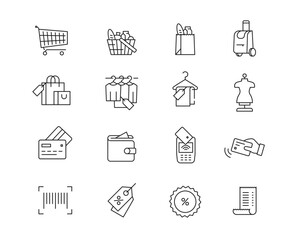 Shopping retail Icon collection containing 16 editable stroke icons. Perfect for logos, stats and infographics. Change the thickness of the line in Adobe Illustrator (or any vector capable app).