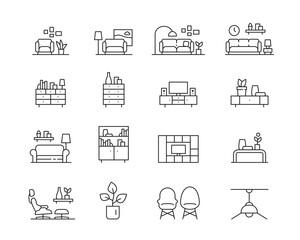 Living Room Lounge Icon collection containing 16 editable stroke icons. Perfect for logos, stats and infographics. Change the thickness of the line in Adobe Illustrator (or any vector capable app).