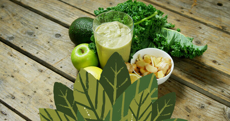 Wall Mural - Image of leaf icons over vegetables and healthy drink