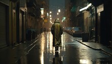  A Man In A Raincoat Walking Down A Street At Night With An Umbrella Over His Head And A Car Parked On The Side Of The Street.  Generative Ai