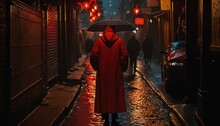 A Person In A Red Coat Is Walking Down The Street With An Umbrella In The Rain At Night With Red Lights On The Buildings Behind Them.  Generative Ai