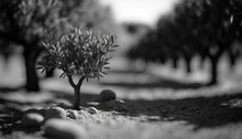  A Black And White Photo Of A Small Tree In The Middle Of A Field Of Rocks And Grass With A Few Trees In The Background.  Generative Ai