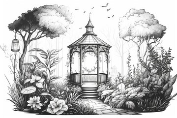 Wall Mural - A sketch of a magical garden in the woods, complete with a gazebo and untamed plants. Generative AI