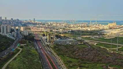 Wall Mural - Haifa skyline Carmel panoramic aerial, industrial port, drone view, 4k Israel