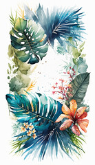 Wall Mural - tropical flowers frame on white background