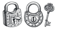 Key And Lock, Closed Padlock Set. Hand Drawn Vintage Sketch Vector Illustration