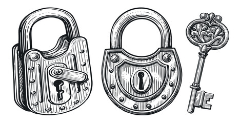 Key and lock, closed padlock set. Hand drawn vintage sketch vector illustration