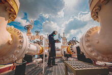 Male Worker Inspection At Steel Long Pipes And Pipe Elbow In Station Oil Factory During Refinery Valve Of Visual Check Record Pipeline Tank Oil And Gas